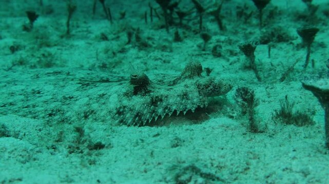 pez lenguado (Trichopsetta caribbaea) camuflado en el fondo marino