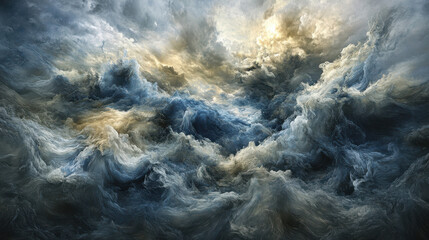 A hyper-realistic photograph of a turbulent stormy sky, dramatic swirling clouds with deep blues and grays, faint hints of sunlight breaking through, creating a striking contrast, the atmosphere heavy