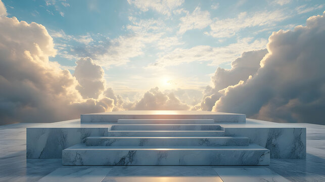 A serene marble staircase leading to a bright sky, symbolizing ascension and tranquility.