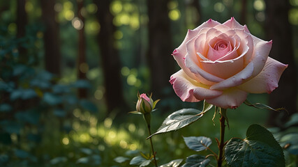 Pink rose bathed in soft light amidst lush greenery, framed by a serene woodland backdrop. Perfect for landscape HD wallpapers or natural background