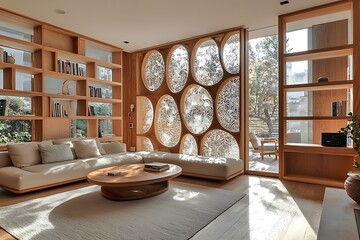 Hybrid wooden and glass divider with etched patterns, creating a natural and artistic division between a modern living room and reading nook.