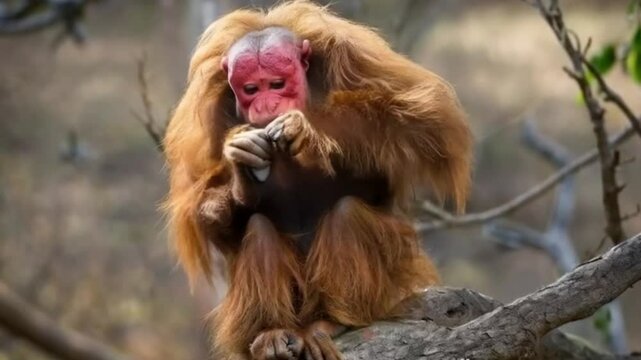 bald uakari on a tree