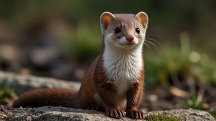 Fototapeta premium Cute weasel looking directly at camera, perched on a rock, with soft natural background.
