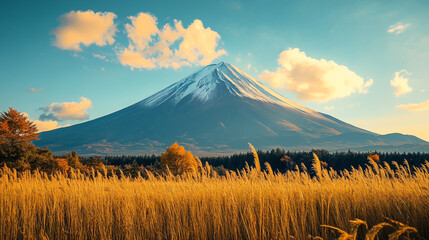 Fototapeta premium Majestic view of Mount Fuji surrounded by golden grasslands during sunset. 