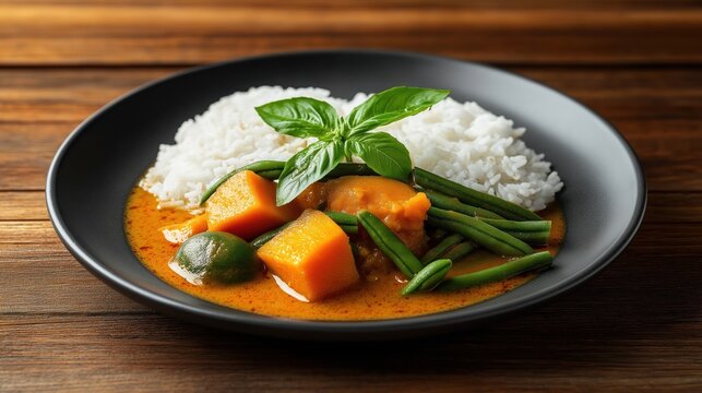 Delicious-looking Kaeng Pa curry dish served with jasmine rice. Colorful vegetables like pumpkin, green beans immersed in rich red-orange curry sauce. Fresh basil leaves garnish meal. Appetizing