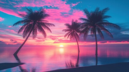 Vibrant sunset over calm ocean with silhouetted palm trees.