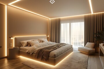 LED strip lighting along the edges a recessed ceiling in a modern luxury bedroom