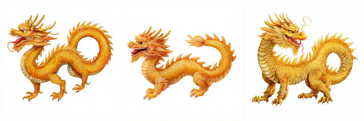 Obraz premium Chinese Lunar New Year. Three stylized golden dragons in various dynamic poses.