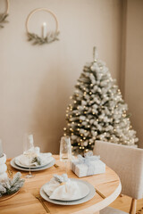 Christmas decorations lights. Modern New Year's decor. Christmas trees with garlands and gifts.