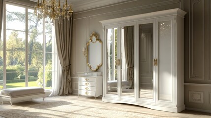 Elegant white mirrored wardrobe in a luxurious bedroom.