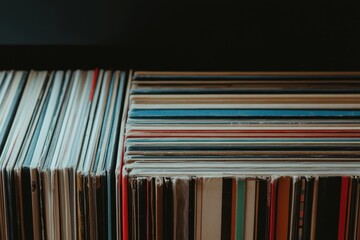 A close-up view of stacked vinyl records showcasing colorful covers, highlighting a collection of classic and modern music.