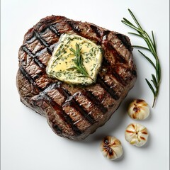Grilled steak with herb butter, roasted garlic. High-quality food photography. Succulent, seared steak. Roasted pieces of garlic. Delicious dish. Close-up view. Perfect for restaurant menus, food