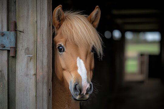A close-up of a horse peeking from behind a wooden door, showcasing its gentle expression and beautiful mane in a serene barn setting.