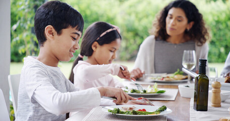 Family, dinner or children with food outdoor for eating, festive celebration and social gathering. Thanksgiving, people and healthy meal together on patio with love, holiday lunch and bonding by home