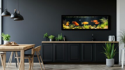 Modern kitchen with an aquarium, plants, and dining area.