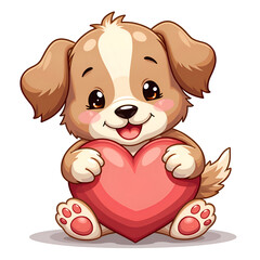 Obraz premium Adorable cartoon dog holding a heart in a playful pose for love themed illustrations, digital art of character design concept.
