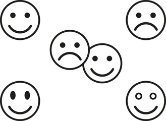 Simple Black Line Emojis Representing Happiness and Sadness.