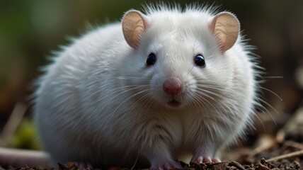 Close-up of a fluffy white pet rat, looking directly at the camera with big dark eyes, sitting on a bed of brown dirt and leaves.