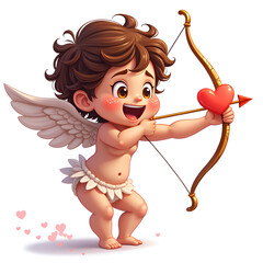 Obraz premium Playful cherub aiming cupid s bow with hearts in the air a whimsical scene of love and joy, digital art of character design concept.
