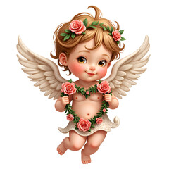 Charming cherub holding a heart of roses with delicate wings and sweet smile, digital art of fantasy concept.