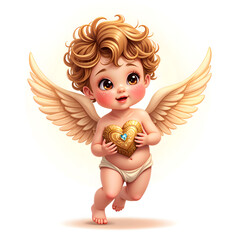 Adorable angelic child with heart shaped emblem and wings, capturing innocence and joy, digital art of fantasy concept.