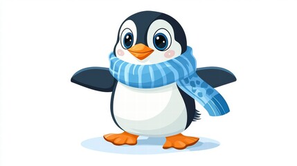 Fototapeta premium Playful penguin in a blue scarf winter wonderland digital art cheerful atmosphere adorable character design