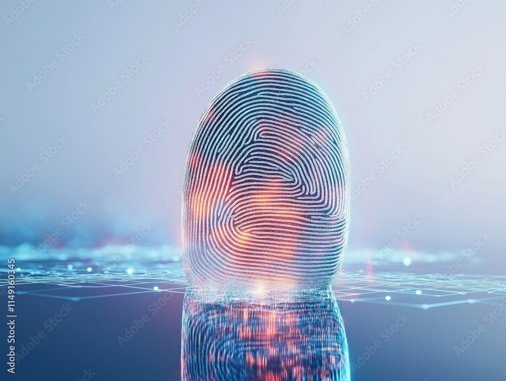 Poster digital fingerprint illustration shows tech biometric authentication. network security, data protect