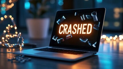 sitting on a desk is a laptop, on laptop screen it says "CRASHED" disaster recovery backup