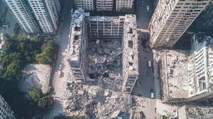 Obraz premium Aerial view of a collapsed building surrounded by debris, showcasing the aftermath of destruction in an urban environment.