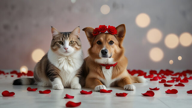 Cute dog and cat sitting next to each other amidst a soft white-grey glittering backdrop, with bokeh lights and a few red roses, creating a peaceful and loving Valentine’s vibe