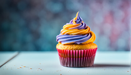 a colorful cupcake with frosting swirls