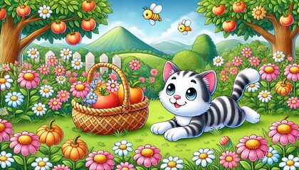Fototapeta premium a cute cat playing in the flower garden 