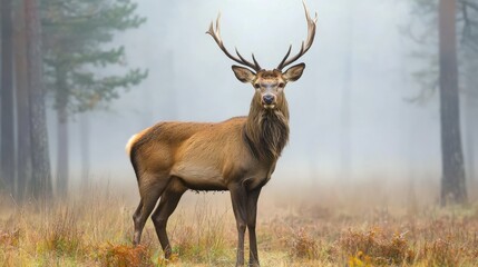 Majestic stag standing tall in misty forest landscape at dawn