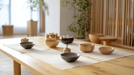A serene dining setup featuring wooden bowls and a minimalist aesthetic.