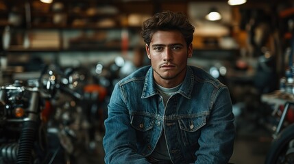 Young man confidently sits in motorcycle workshop. Surrounded by tools, motorcycles. Denim jacket. Stylish, modern atmosphere. Photo captures youth, craftsmanship. Modern workshop setting. Focus on