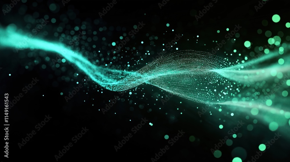 Poster abstract digital data flow with teal lines, particles. dynamic pattern suggesting tech movement, inf