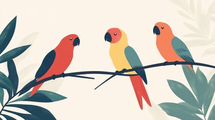 Tropical Parrots Perched on Branches in Vibrant Jungle Setting