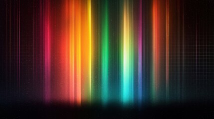 Vibrant abstract aurora borealis design. Rainbow light effect with colorful streaks. Film grain overlay creates artistic night sky effect. Glowing colors in vertical lines. Dark background for poster