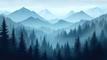 Fototapeta premium Serene Mountain Landscape with Mist and Pine Trees in Background