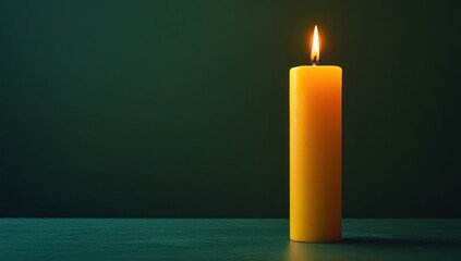 Single Burning Candle on Green Background