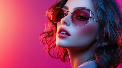 Obraz premium Side view portrait of beautiful young woman with brunette hair wearing sunglasses isolated. cool attractive lady girl model, pretty, glamour, trendy style, stylish.