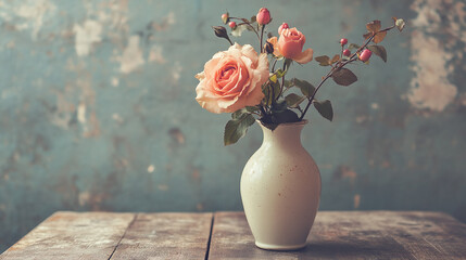 Vintage vase with flower bouquet, a retro still life composition on a wooden table against a wall,...