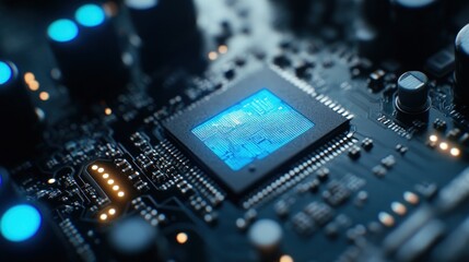 Close-up of a computer chip on a circuit board, glowing blue.