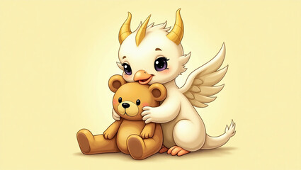 A baby griffin cuddling a stuffed toy.