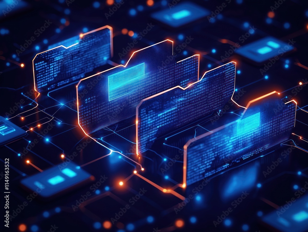 Poster digital data network in modern tech design. interconnected folders illustrate data flow. advanced te