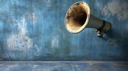A vintage megaphone against a textured blue wall, suggesting communication or announcements.