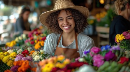 Happy woman displays vibrant flowers at outdoor market. Wears hat, apron. Interacts with joyful customers. Fresh flowers arranged on stall. Lively community atmosphere. Daytime scene. Local market.