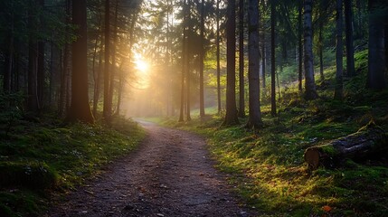 Fototapeta premium Sunrise Path in Misty Forest. Concept of tranquility, nature, and adventure.