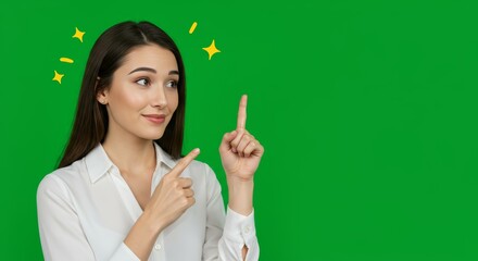 Professional studio setup with bright green chromakey background. Clean, professional white business attire creates striking contrast. 