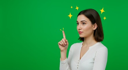 Professional studio setup with bright green chromakey background. Clean, professional white business attire creates striking contrast. 